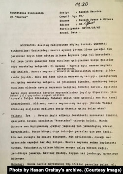 Азаттық радиосы эфирінен 1989 жылы берілген Наурыз мерекесі туралы дөңгелек үстел хабарының жазбаша нұсқасы. Хасен Оралтайдың жеке қорынан.