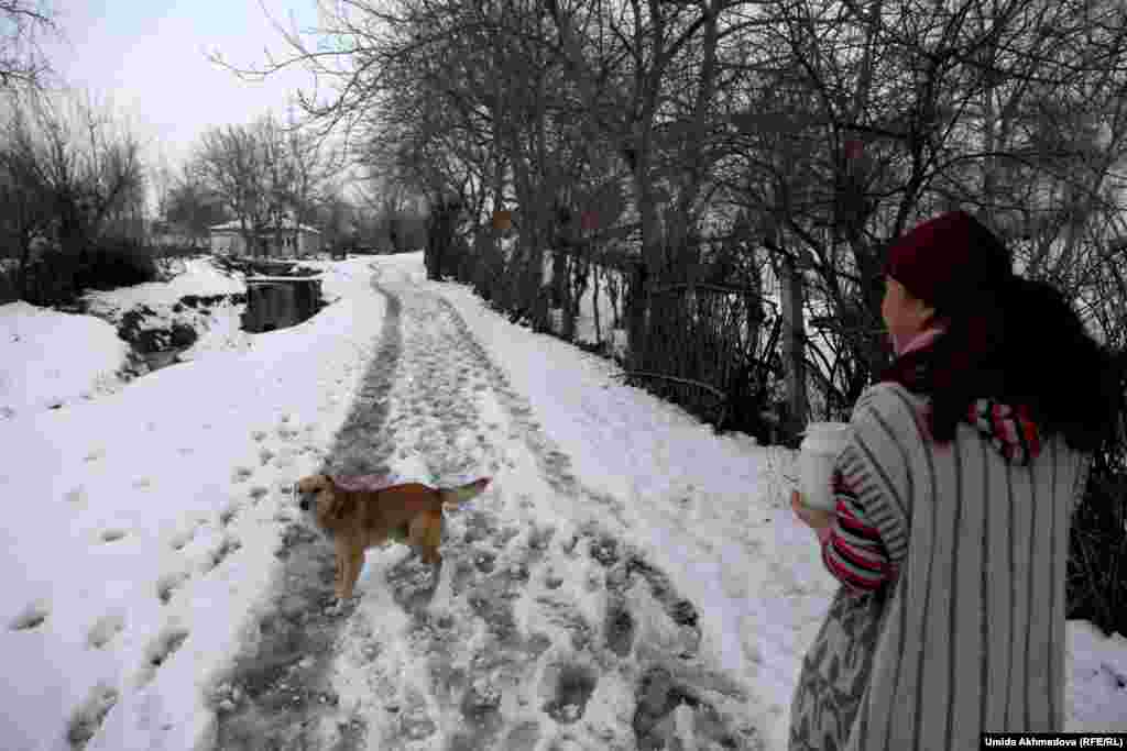 Жительница Жамбая несет домой молоко, которое ей дали соседи.&nbsp;