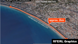 На снимке со спутника — участок набережной в городе Ницца во Франции, где в четверг, 14 июля, была совершена атака, в которой погибли десятки человек.
