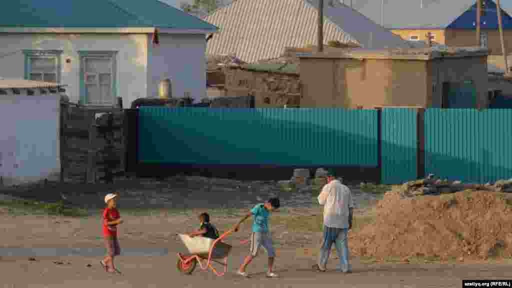 Мальчик везет младшего брата в садовой тележке.&nbsp;