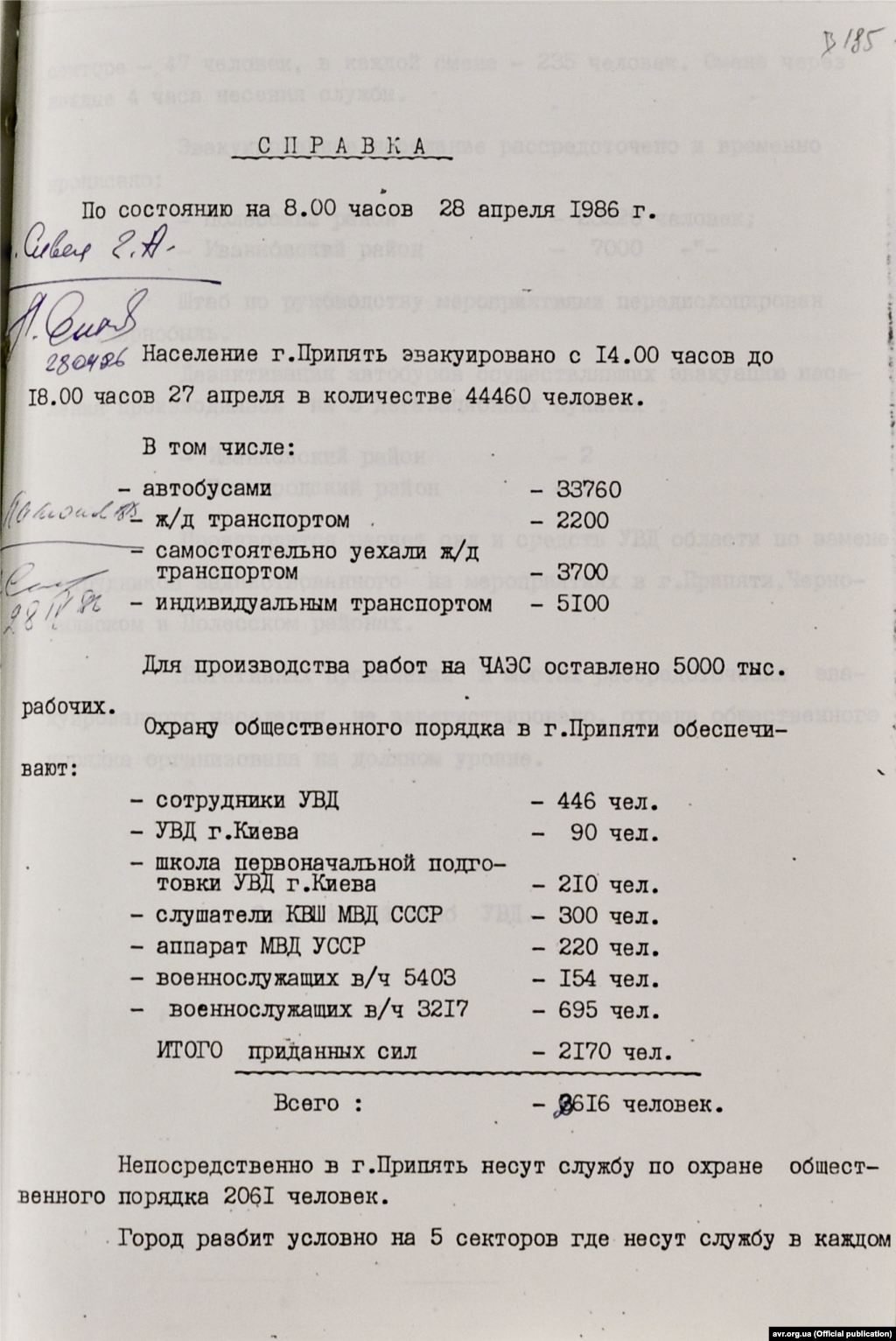 Довідка Оперативного штабу Управління внутрішніх справ у Київській області щодо проведення евакуаційних заходів у місті Прип&rsquo;яті (стор. 1)