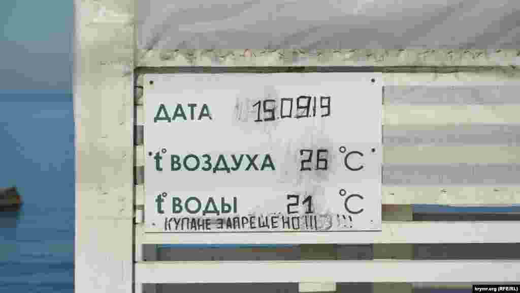 Оголошення на порожній рятувальній вишці про погоду на 19 вересня 2019 року, можливо, останнє оголошення перед закриттям купального сезону торік &nbsp;