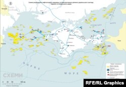 На схеме размещения нефтегазовых месторождений в Черном и Азовском морях желтым обозначены аннексированные участки