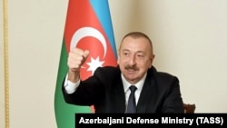 Әзербайжан президенті Ильхам Әлиев телеүндеу арқылы Агдам ауданының қайтарылғанын хабарлап отыр. 20 қараша, 2020 жыл.